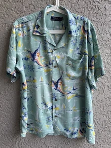 POLO Ralph Lauren Camicia Uomo Tropical Palm Ocean Pesce Spada Barca a Vela Verde Tg L - Foto 1 di 7