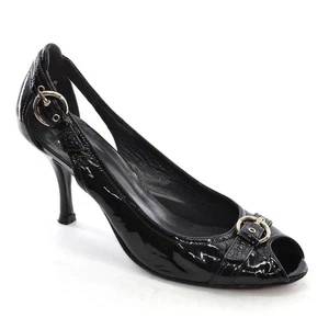 Ladies Stuart Weitzman Peep Toe Buckle Pump 9.5 M Black Patent Cutout Heel Shoes - Picture 1 of 4