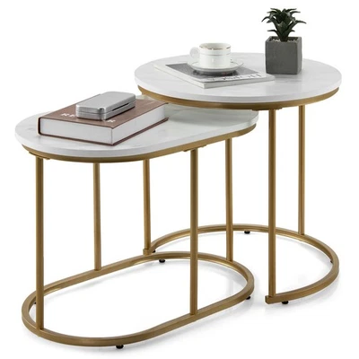 Nesting Coffee Table Modern Set of 2 Marble Coffee Side Table Set Living Room - Image 1 of 4