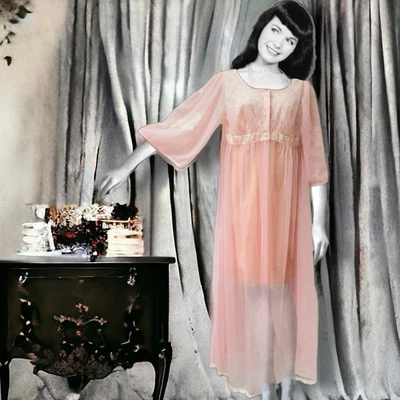 Chiffon Nylon Babydoll Pink Robe Vintage Miss Elaine Lace Detail Lingerie 1950’s - Image 1 of 4