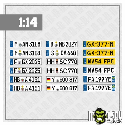 Nummernschilder 1:14 Modellbau Aufkleber – 8 Paar Kennzeichen Set - LKW Tamiya - Bild 1 von 2