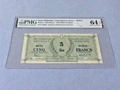 New Hebrides 5 Francs P-1 ND(1943)  PMG 64 EPQ Emergency Issue WWII  - Image 1 of 4