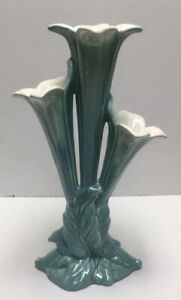 Vtg Royal Haeger Aqua Turquoise TRIPLE LILY  16” Vase 1930’s R452 USA RARE COLOR