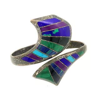 Vintage Taxco Silver, Malachite, Lapis, Azurite, Onyx Inlay Hinged Bracelet Sz 6 - Picture 1 of 8