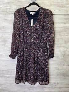 LOFT Dress Womens Size S Blue Ladybug Print Long Sleeve V Neck Smocked - Picture 1 of 11