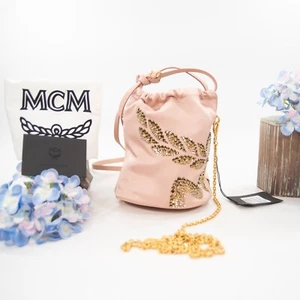 MCM Himmel Gold Studded Pink Nylon Laurel Drawstring Crossbody Bucket Bag NWT - Picture 1 of 6