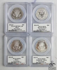 Set of 4: 2014 P/D/S/W US 50c Silver Kennedy 50th Anniv. Coins PCGS MS70 / PR70 - Picture 1 of 6