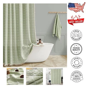 Durable 72x96 Luxurious Shower Curtain with Bohemian Plaid Design & Tassels - Picture 1 of 8