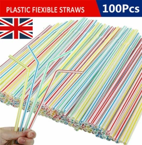 100X Straws Plastic Bendy Colourful Straws Birthday Wedding Summer Party Drink.. - Picture 1 of 12