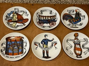 Lot of 6 Vintage Colonial Theme Nut Dish Plates Barber Rooster Firehouse Jockey - Picture 1 of 11
