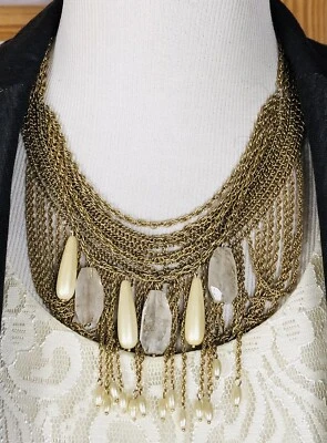 BANANA REPUBLIC Curtain Necklace 18” Multi Strand Faux Pearl Dangles Gold Toned - Image 1 of 4