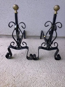 Old Pair Of Andirons For Fireplace Wrought Iron - Picture 1 of 11