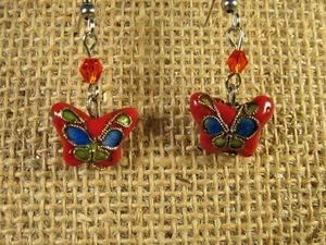 Earrings Pierced 1.5" Red Puff Butterflies Cloisonne' White Metal Shepherd Hooks - Picture 1 of 1