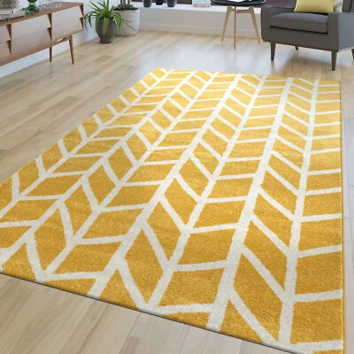 Tapis Salon Moderne Motif Poils Ras Rayures Design Jaune Gris - Photo 1/3