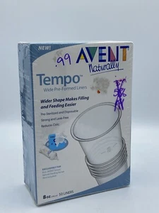 Neu in Verpackung Auslauf Avent Tempo 8 Unzen 50 Stück vorgeformte breite Flaschenauskleidung versiegelt! - Bild 1 von 5