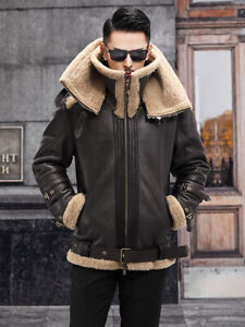 Mens Sheepskin All-in-one Men's Genuine Leather Jacket Shearling Fur Coat Warm