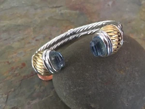 14KT Yellow White & Gold Briolette Topaz Gemstone End Caps Cuff Bangle Bracelet  - Picture 1 of 12