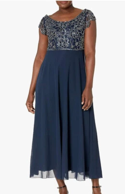 Vestido corpiño J Kara para mujer pequeño floral con cuentas 10P color azul marino NUEVO Foto 1 de 2