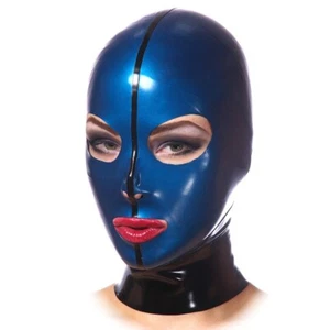 Blue Latex Hood with Back Zipper Gummi Rubber Mask Catsuit Fetish Clubwear BDSM - Picture 1 of 3