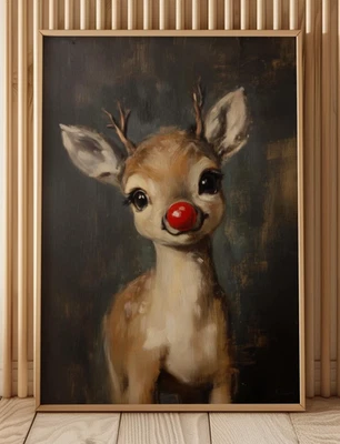 Cute Red Nose Christmas Poster Print, Vintage Rudolph Reindeer Wall Art Decor