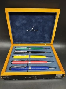 NAUTICA Set of 5 Ballpoint Pens w/ Wood Box- Red, Yellow, Blue, Green, Black - Picture 1 of 8