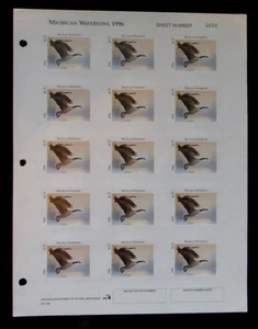 1996 Michigan State Duck Stamps - Sheet of 15 - Mint OG Gum NH - Picture 1 of 3