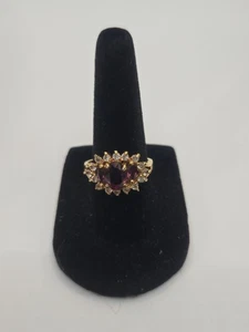 Vintage goldfarbener Ring mit tiefviolettem Glasstein & klarem Strass Heiligenschein -... - Bild 1 von 3
