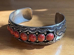 Bracciale Vintage BBJ Designer Argento Sterling 925 Corallo Spessore Southwestern - Foto 1 di 9