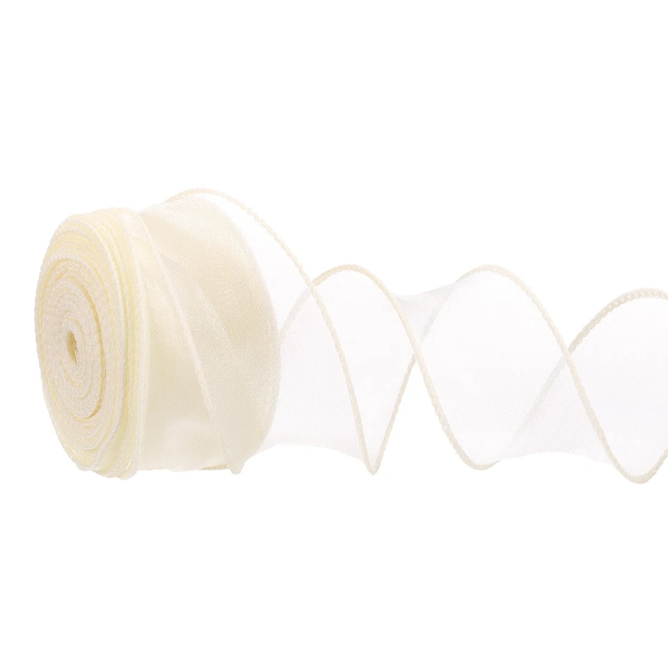 Cinta de gasa con cable de 1-1/2"x10 yardas hilo de cola de pescado cinta de organza transparente crema Foto 1 de 4