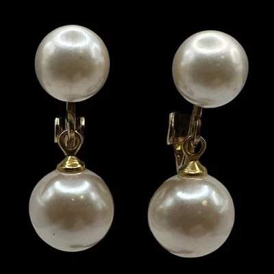 Vtg Designer Gold Tone Faux Pearl Dangle Drop Screw-Back MARVELLA Earrings - Image 1 of 4
