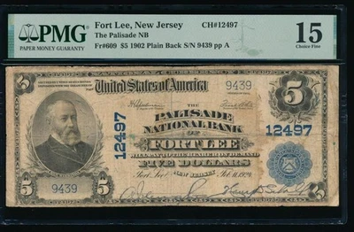 AC 1902 $5 Palisade National Bank of Fort Lee, New Jersey Ch# 12497 PMG 15 - Image 1 of 2