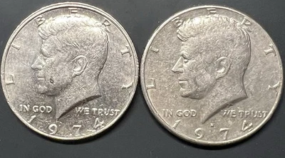 Kennedy Half Dollar 1974 P&D DDR Errores + Huelga descentrada Juego raro Foto 1 de 4