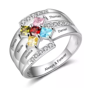 Engraved Mother's Day Family Ring 5 Birthstones & 5 Names 925 Sterling Silver - Picture 1 of 7