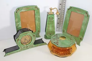 VNTG Art Deco Dresser Vanity SET 2 Frames Perfume Clock Hair Receiver READ!! - Picture 1 of 15