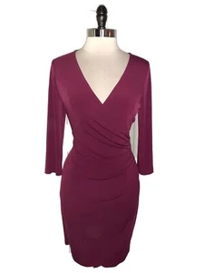 GUESS Size 12 Sheath Dress Burgundy 3/4 Sleeve Stretch Knit Gold Accent - Picture 1 of 5