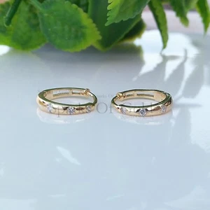14K Yellow Gold Diamond Huggies 14K Yellow Gold Hoop Earrings Wedding Jewelry - Picture 1 of 6