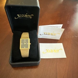Vintage XAVIER Tank  Quartz Watch Gold Plated Case Black Dial Diamond - Picture 1 of 22