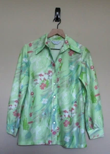 Vintage 70s 80s Top Shirt Blouse Green Print Size Medium 8 10 Polyester Disco - Picture 1 of 4