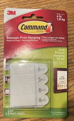 Command Damage Free Hanging Holds 4 Lbs Small Picture Hanging Strips 4 pairs - - Image 1 of 3