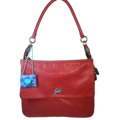 GABS Italian Red Leather Expandable Flat Shoulder Bag Turquoise Buttons - Image 1 of 4
