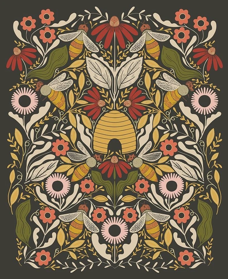 MODA  Bee Garden Metallic Black Panel 48418 21M 100% Quilt Cotton 36X45" - Image 1 of 4