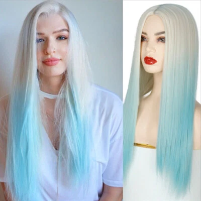 Mujeres Rosa Ombre Peluca Larga Recta Sintética Pelucas Ombre Azul Rosa Pelo Ondulado Foto 1 de 4