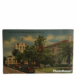 Postal de colección de autos Marion escena callejera Ocala, FL de colección años 40 de oficina de correos y hotel de EE. UU. - Imagen 1 de 2
