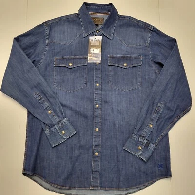 $125 New Madison Creek Bisley WESTERN Shirt Men LARGE L Blue Snap Denim Chambray - Image 1 of 4
