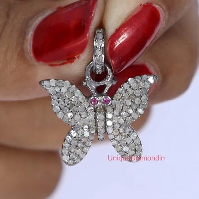 Natural Pave Diamond Butterfly pendant 925 Silver oxidized Handmade Pendant - Image 1 of 4