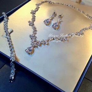 18K Platinum Plated Necklace Earrings Set made w Swarovski Crystal Bridal Jewel - Picture 1 of 26