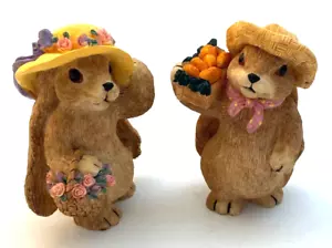 Vintage Easter Bunnies in Hats Figurines Set of 2 Resin 4" - Picture 1 of 4