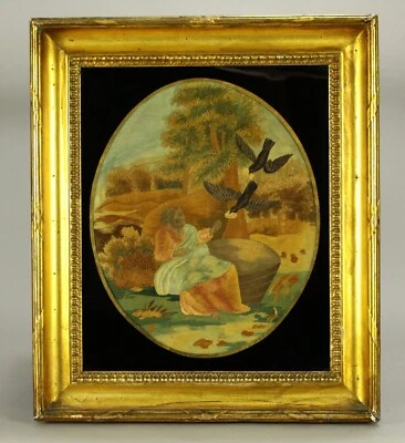 =Ea. Escena bíblica bordada de seda de 1800 marco dorado de Eglomisa Elijah alimentado por cuervos Foto 1 de 4