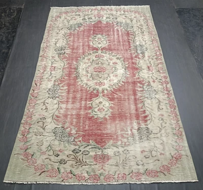 Turkish Vintage Red Green Carpet, 5.3x8.4ft, Antique Handmade Red Medallion Rug - Image 1 of 4