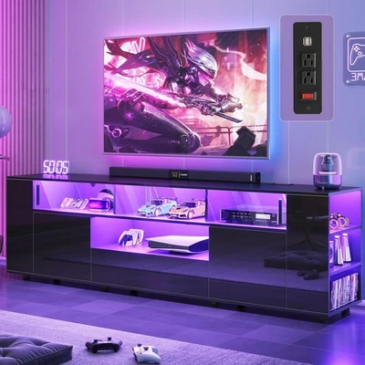 High Gloss Modern TV Stand for 70/75/80 Inch TV with Storage and LED Lights - Image 1 of 4